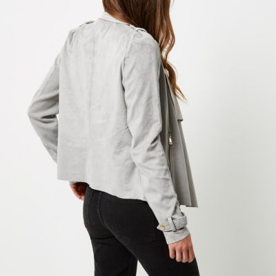 Grey faux suede waterfall biker jacket